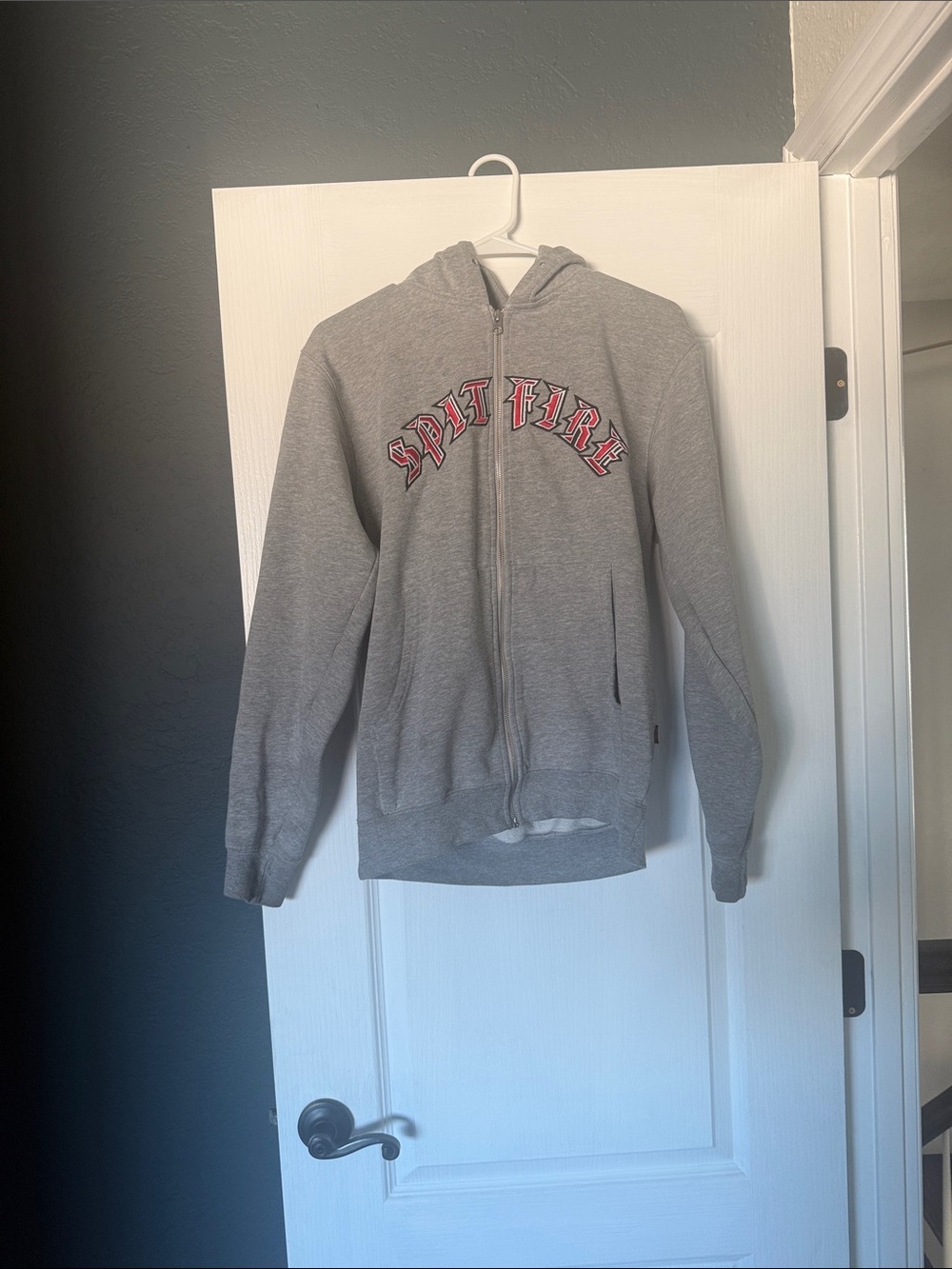 Spitfire Light Gray Hoodie with Red Arch Logo